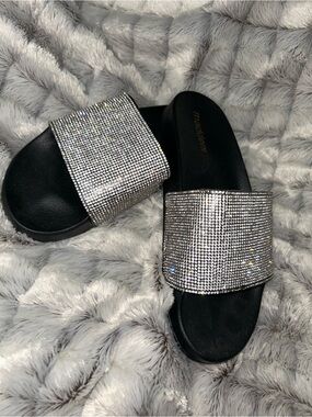 Madden Girl Silver Crystal Slide Mules